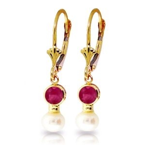 14K. GOLD LEVERBACK EARRING WITH PEARLS & RUBIES